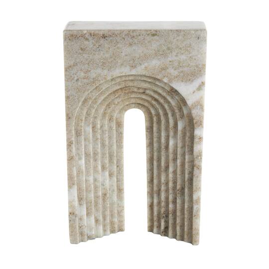 10.75" White & Beige Marble Geometric Rectangular Sculpture with Arched Groove Interior